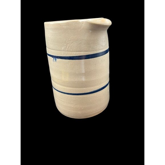 Vintage Salt Glaze Cobalt Blue Stripe Pottery Pitcher 7.75" Hand Thrown - Picture 2 of 14